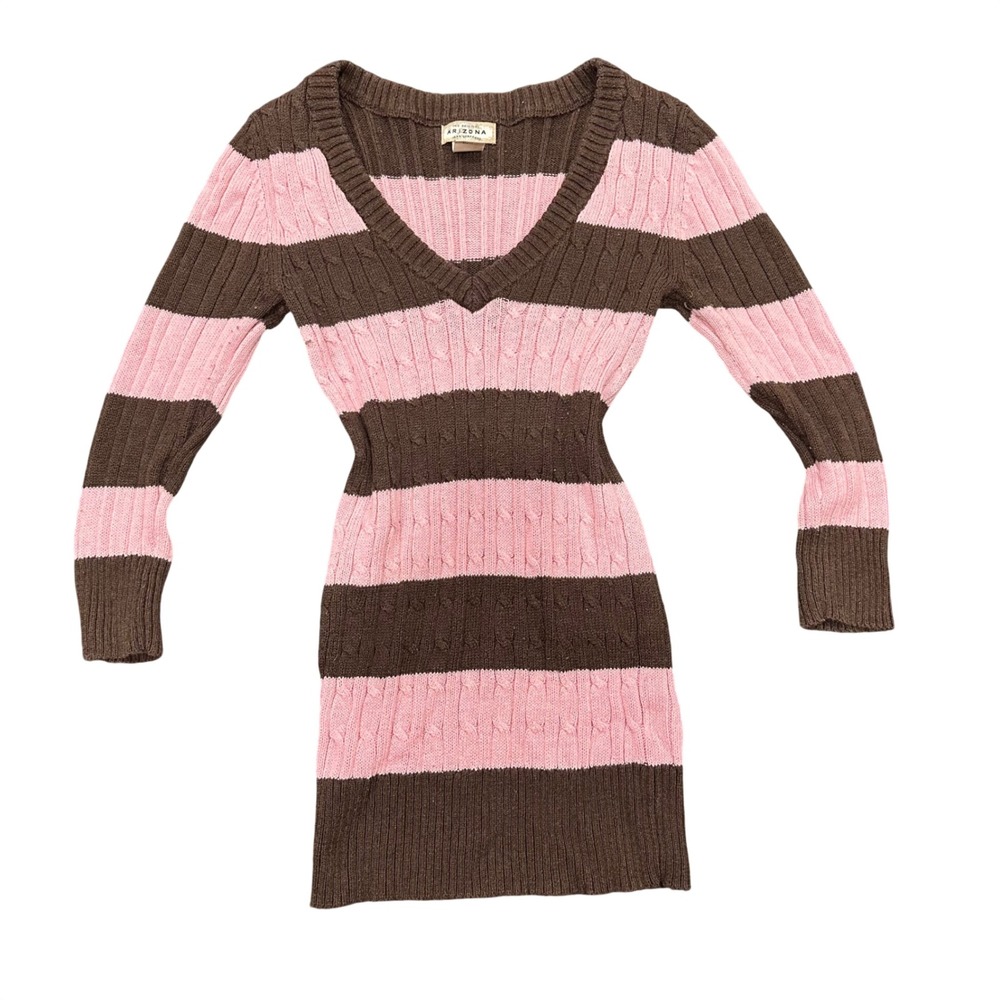 Arizona Jean Co Womens Pink Brown Striped Cable Knit V-Neck Sweater Large Y2K